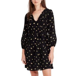 Madewell NWT Tie Waist Mini Dress Black French Yellow Retro Daisies Floral New S